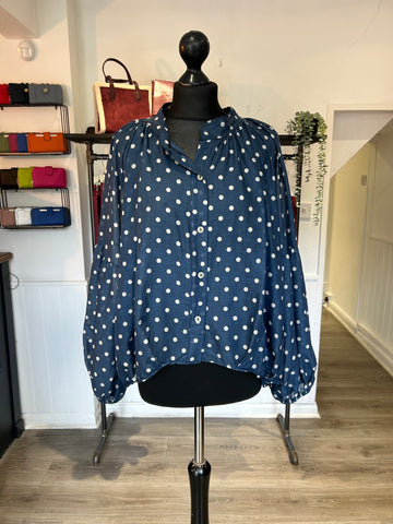 Polka Dot Cotton Blouse - Navy