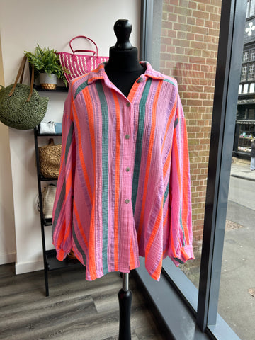 Textured Cheesecloth Striped Shirt - Orange