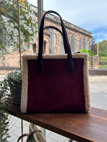 Faux Suede Shearling Bag - Wine