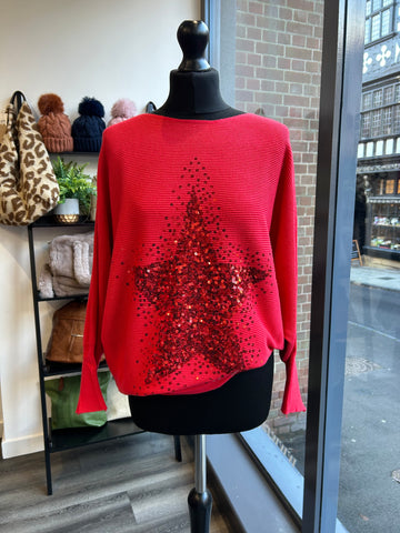 Sequin Star Batwing Jumper - Red