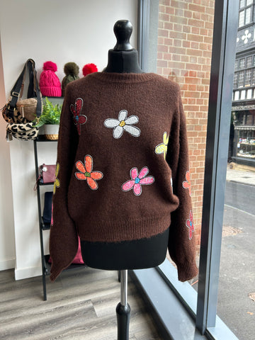 Sequin Daisy Jumper - Chocolate