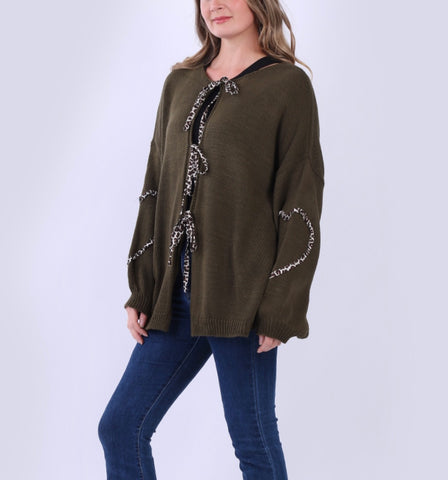 Animal Print Tie Front Cardigan - Khaki