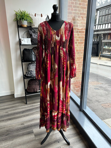 V Neck Shirred Bust Dress - Wine