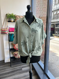 Tie Front Embroidered Top - Khaki
