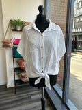 Tie Front Embroidered Shirt - White