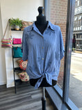 Tie Front Embroidered Shirt - Cornflower Blue